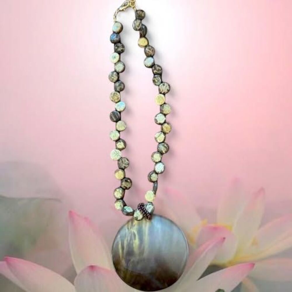 boho beaded necklace, large shell pendant, lobster clasp + extension chain